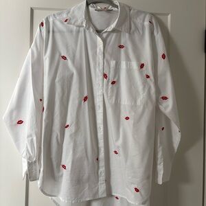 White cotton Shirt with Red Lip Print relaxed fit NEW